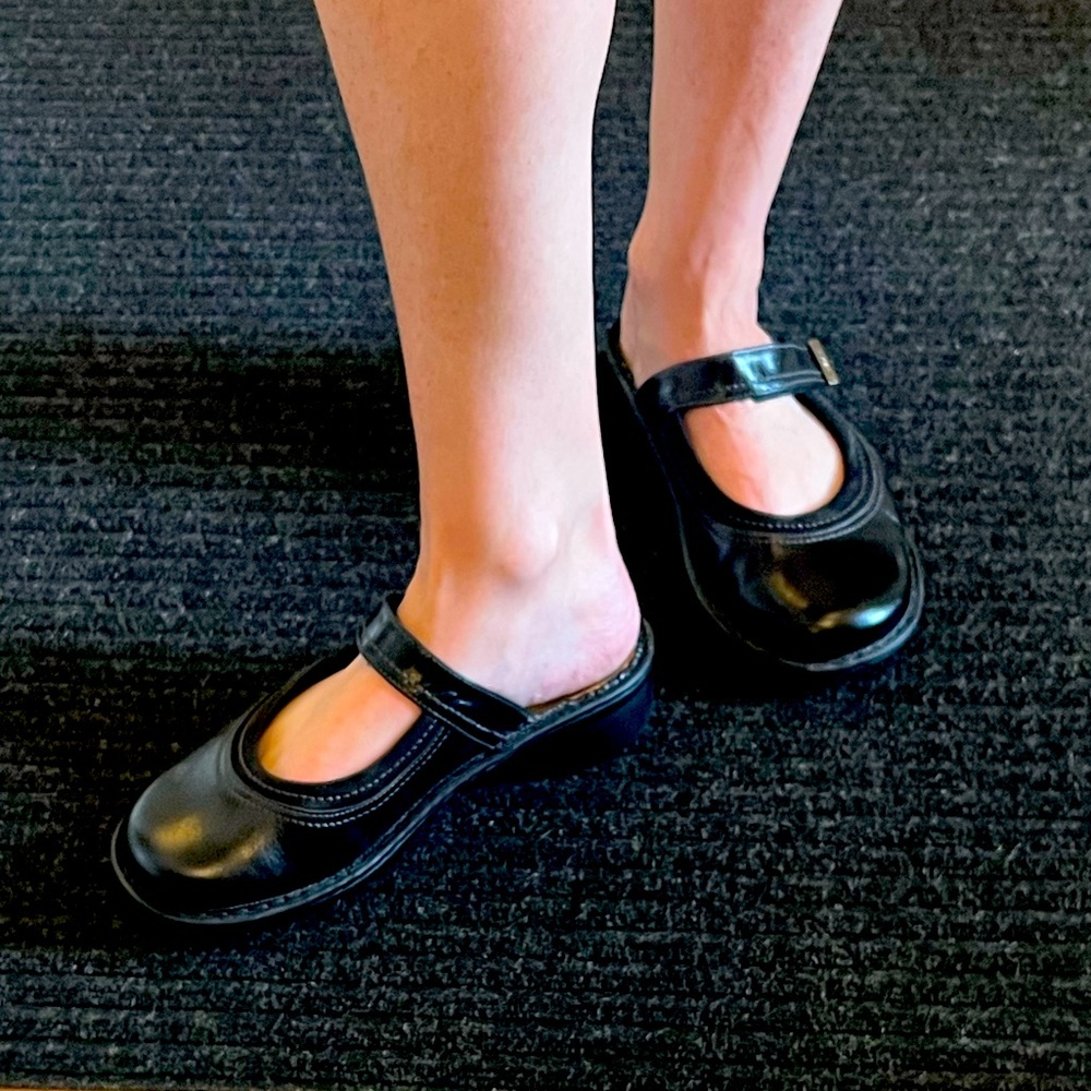- Like new - worn once. Leather slip on Mary Jane with Velcro strap